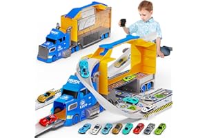 Carsky Truck Toy Cars W/Race Track for Toddlers Toys for 2 3 4 5 6 Year Old Boy Birthday Gifts, 2 in1 Carrier Toy Trucks W/Car Track, Cars Toys W/ 8 Race Cars, Boys Toys for Ages 2-4 3-5 4-6 5-7