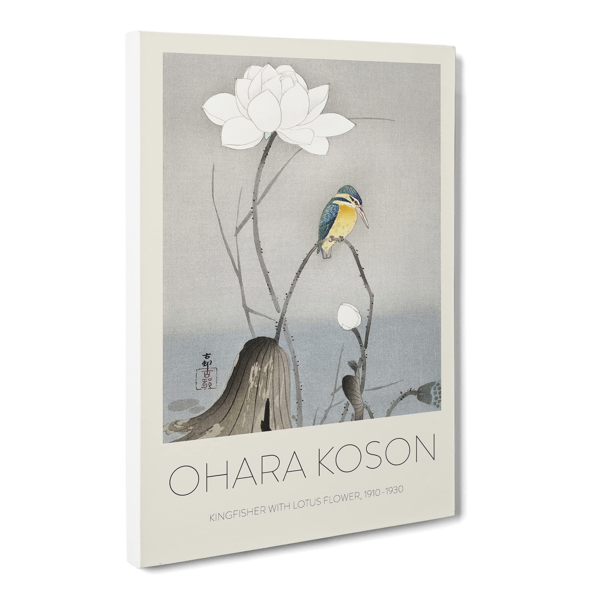 Kingfisher With Lotus Flower By Ohara Koson Canvas Print | Gallery Wrapped 30mm Frame Wall Art | 20x14 inches | Ready to Hang | Asian Floral Picture | Living Room Bedroom Lounge Office