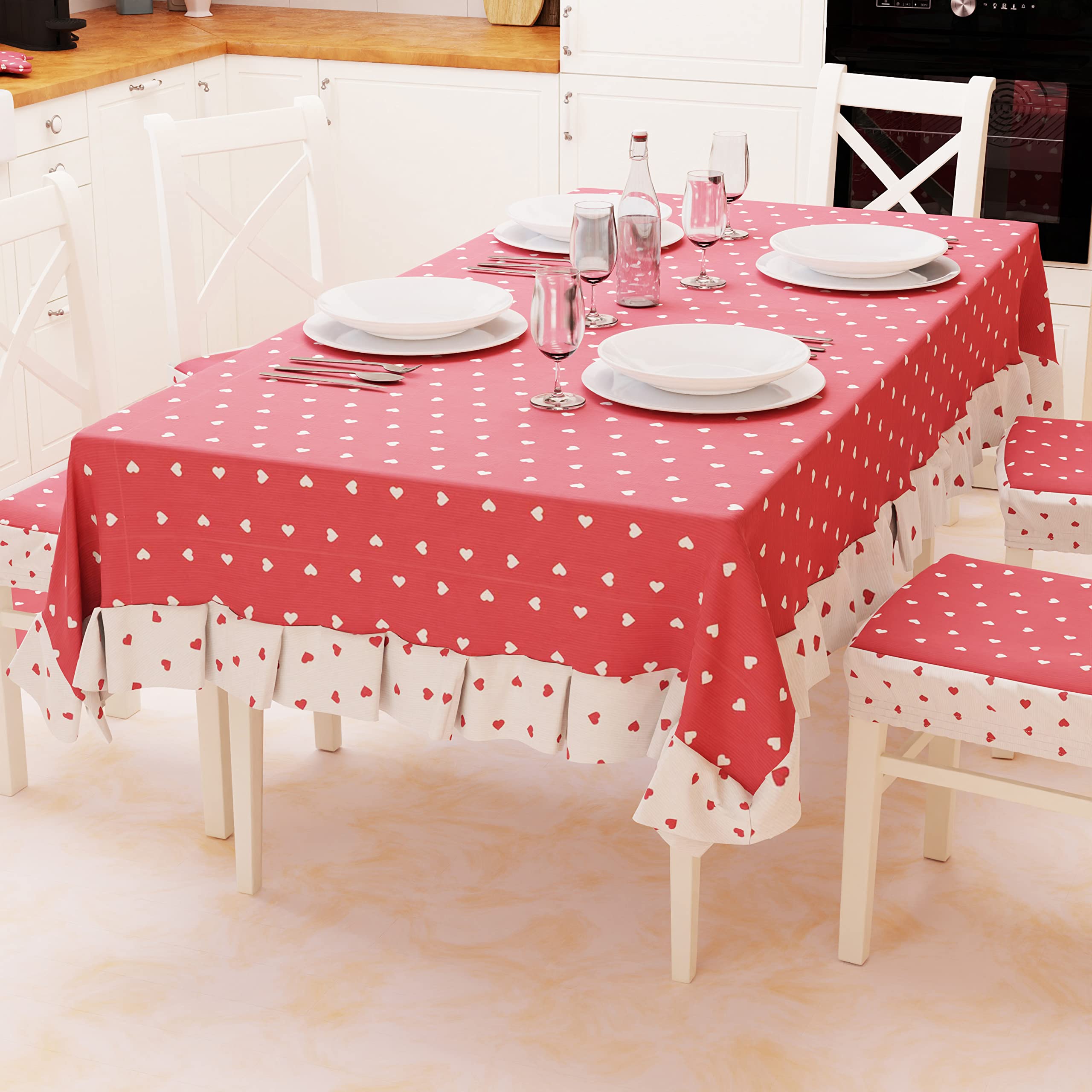 PETTI Artigiani Italiani - Tablecloth, Plastic Table Cover with Ruffles, Table Cover, Waterproof Outdoor Table Cover in Cotton Design Red Hearts X12 Seats (140 x 240 cm) 100% Made in Italy