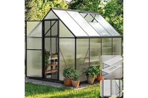 KING BIRD Greenhouse for Outdoors, 7.4x6 FT Polycarbonate Walk-in Green House for Outside, Aluminum Frame UV Resistant Panel Garden Backyard W/ Lockable Mesh Door Roof Vent, 2 Racks, Black