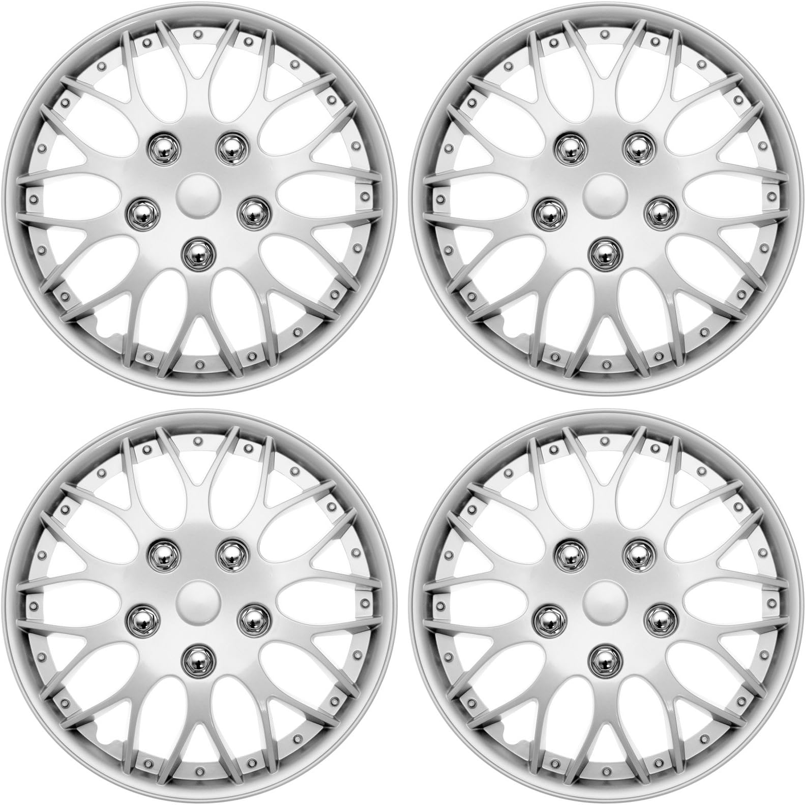 Cover Trend (Set of 4), Universal Aftermarket, 15" Silver/Lacquer Hub Caps Wheel Covers