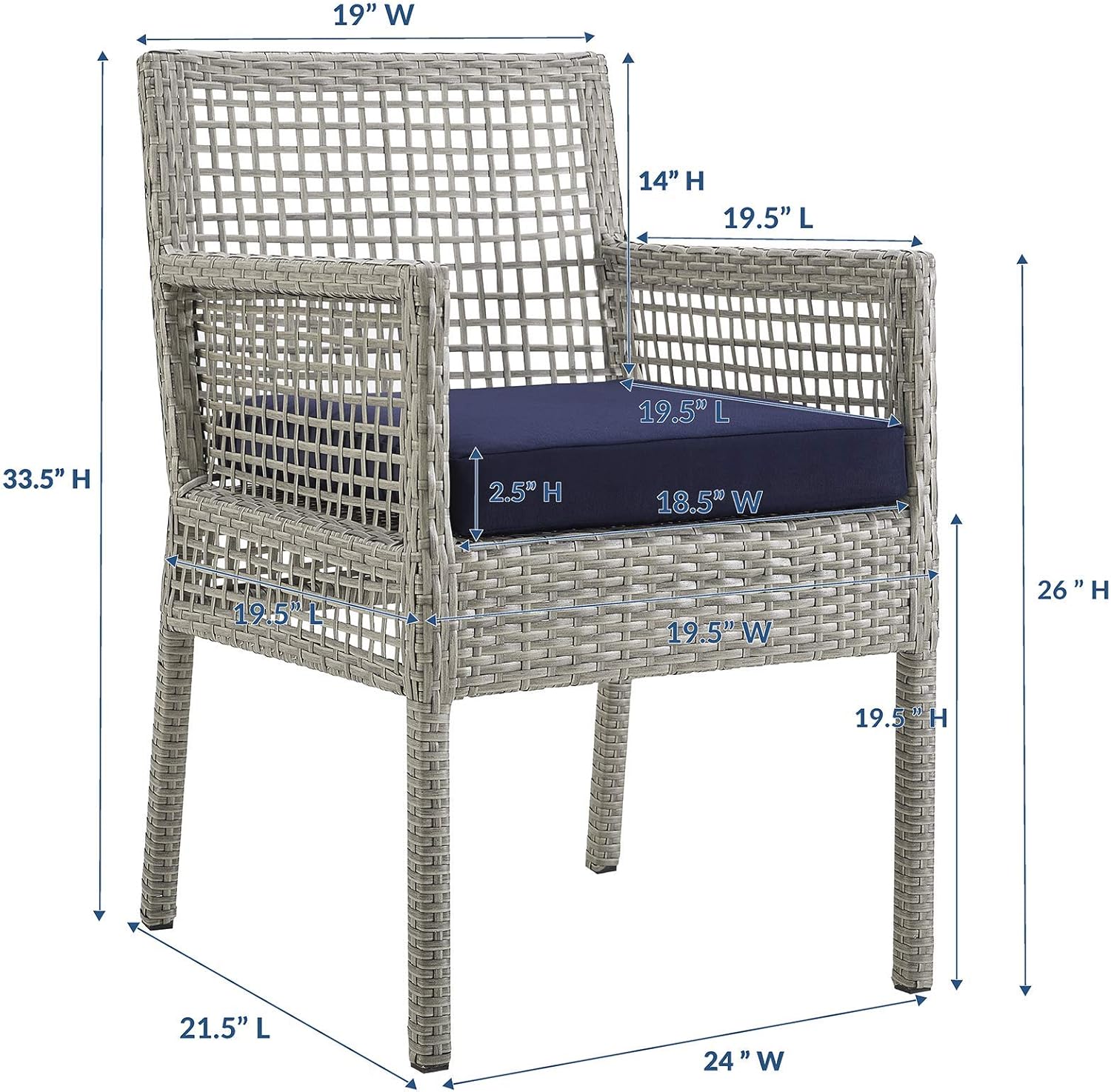 Modway Aura Wicker Rattan Outdoor Patio Dining Arm Chair with Cushion in Gray Navy : Garden & Outdoor