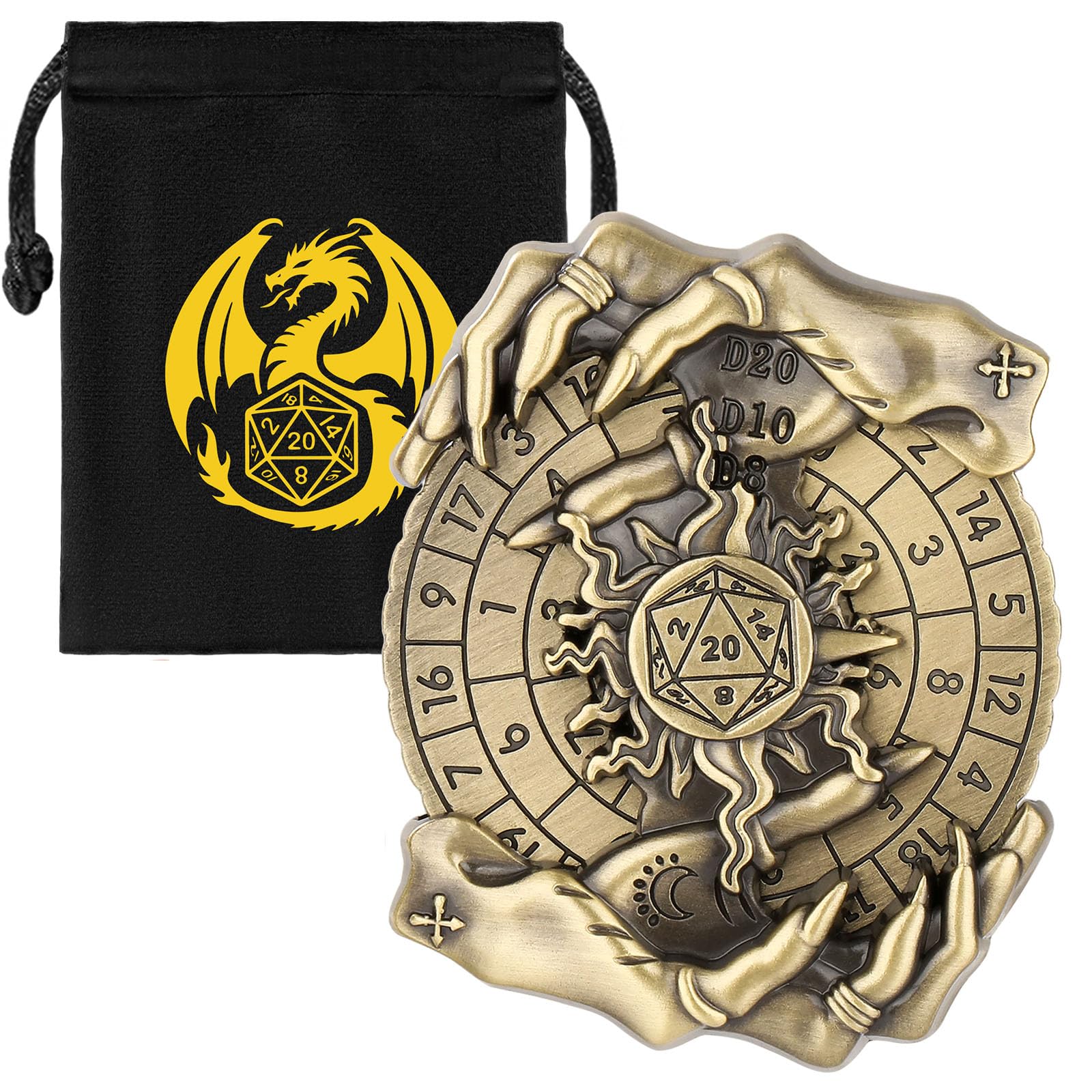 DND Wheel Dice Spiner, Fingertip Gyro, 7-in-1 Magic Hand Metal D&D Dice, DND Starter Set, Magic Hand Roulette Dice Spinner, D&D Gifts with Dragon Gift Bag, Role Playing Board Game Accessories, Bronze — image 1