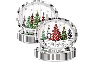 QIYANPAX 30 PCS Christmas Oval Paper Plates, Large 9" x 11" Disposable Serving Platters with Buffalo Plaid & Christmas Tree Design, Holiday Dinnerware for Xmas Parties, Winter Events & Festive Table Decor