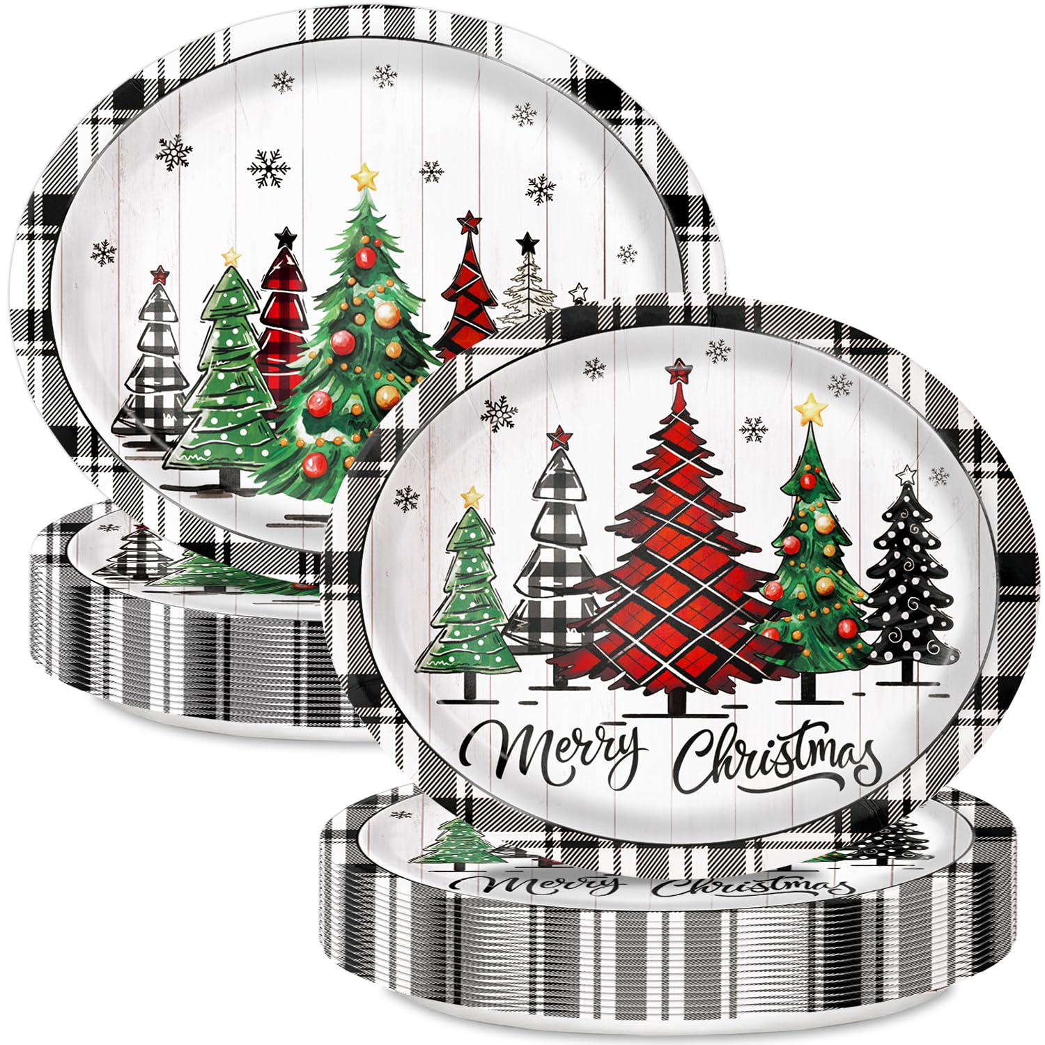Photo 1 of 30 PCS Christmas Oval Paper Plates, Large 9" x 11" Disposable Serving Platters with Buffalo Plaid & Christmas Tree Design, Holiday Dinnerware for Xmas Parties, Winter Events & Festive Table Decor