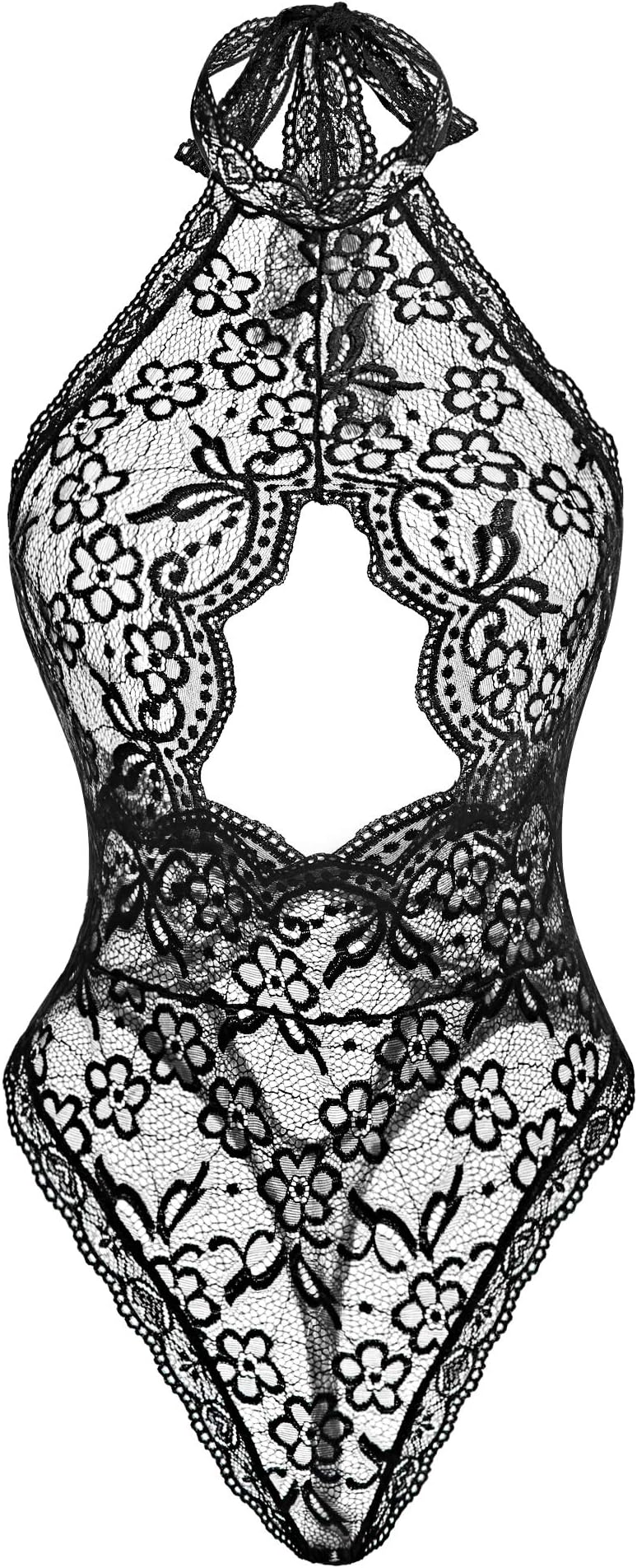 Chomoleza Women Sexy Lace Bodysuit Snap Crotch Teddy Lingerie One Piece Lace Babydoll Black