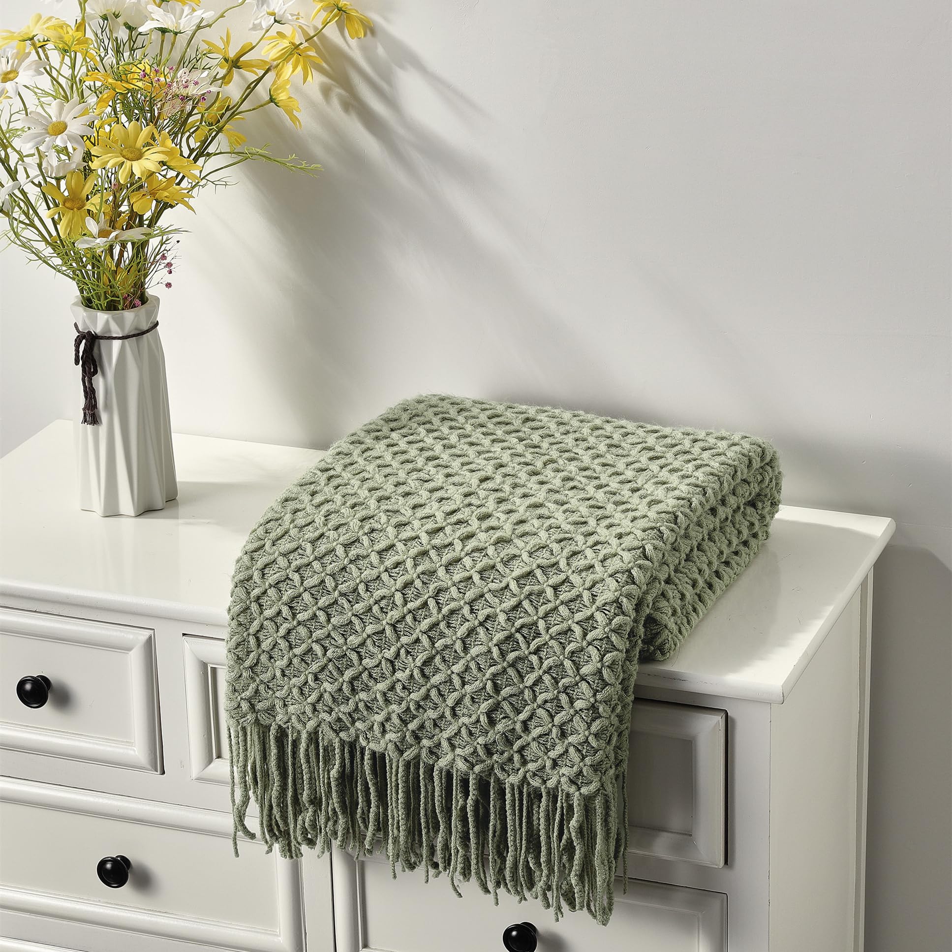 crevent farmhouse boho knitted throw blanket for couch sofa chair bed home decoration, soft warm cozy light weight for spring summer fall (60''x80'' sage green) sage green 60inchx80inch
