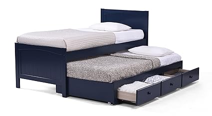 Urban Ladder Bering Trundle Single Size Rubber Wood Bed with Storage (Blue)