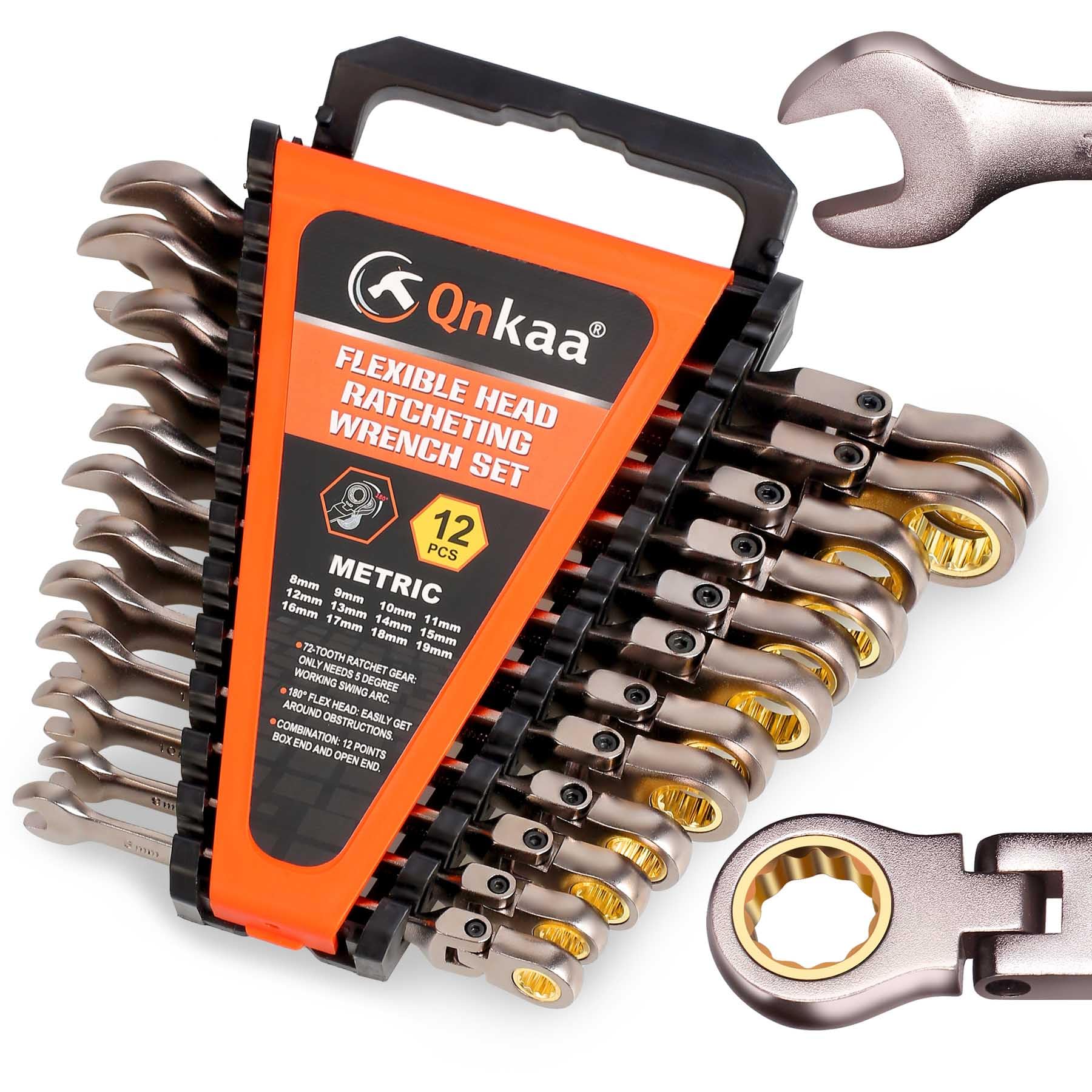Qnkaa Flexible Ratchet Wrench Set 12pcs 8-19mm Spanner Gear Ring Ratcheting Combination Flexi Wrench Kit Metric Flex Head