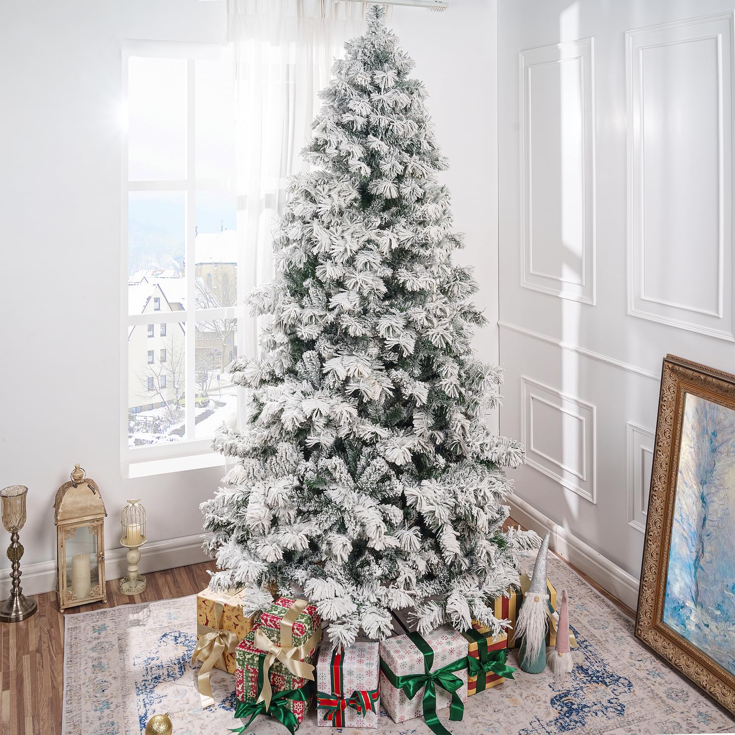 Photo 1 of **The photo and description are for reference only.**Naomi Home 6.5ft Snow Flocked Christmas Tree with Lights, Realistic Frosted Christmas Tree Prelit with 626 Branch Tips, 400 Warm Lights and Metal Stand, Aritificial Xmas Tree