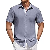 COOFANDY Linen Shirts for Men Short Sleeve Button Up Shirt Untucked Summer Shirt Dark Blue