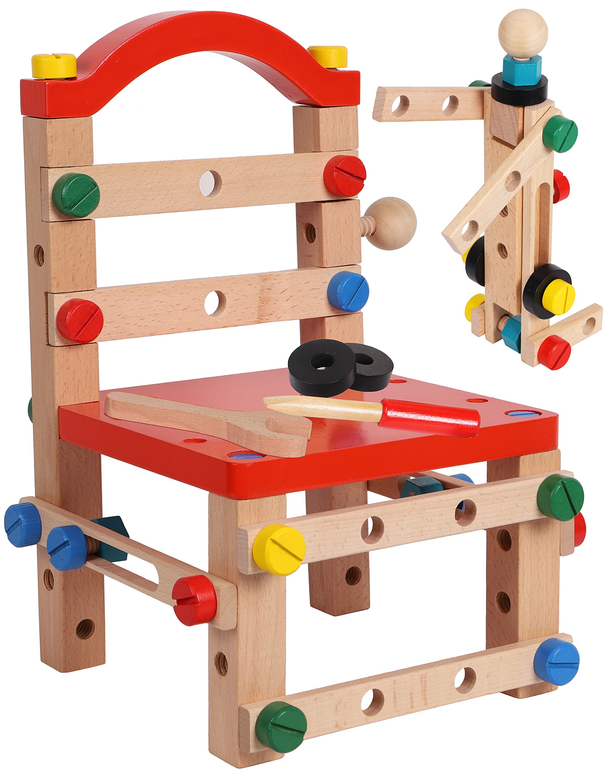 TOWO Wooden Nuts and Bolts Set - Construction Work Bench Chair - Construction Kits for Kids - Wooden Toys for 4 years old