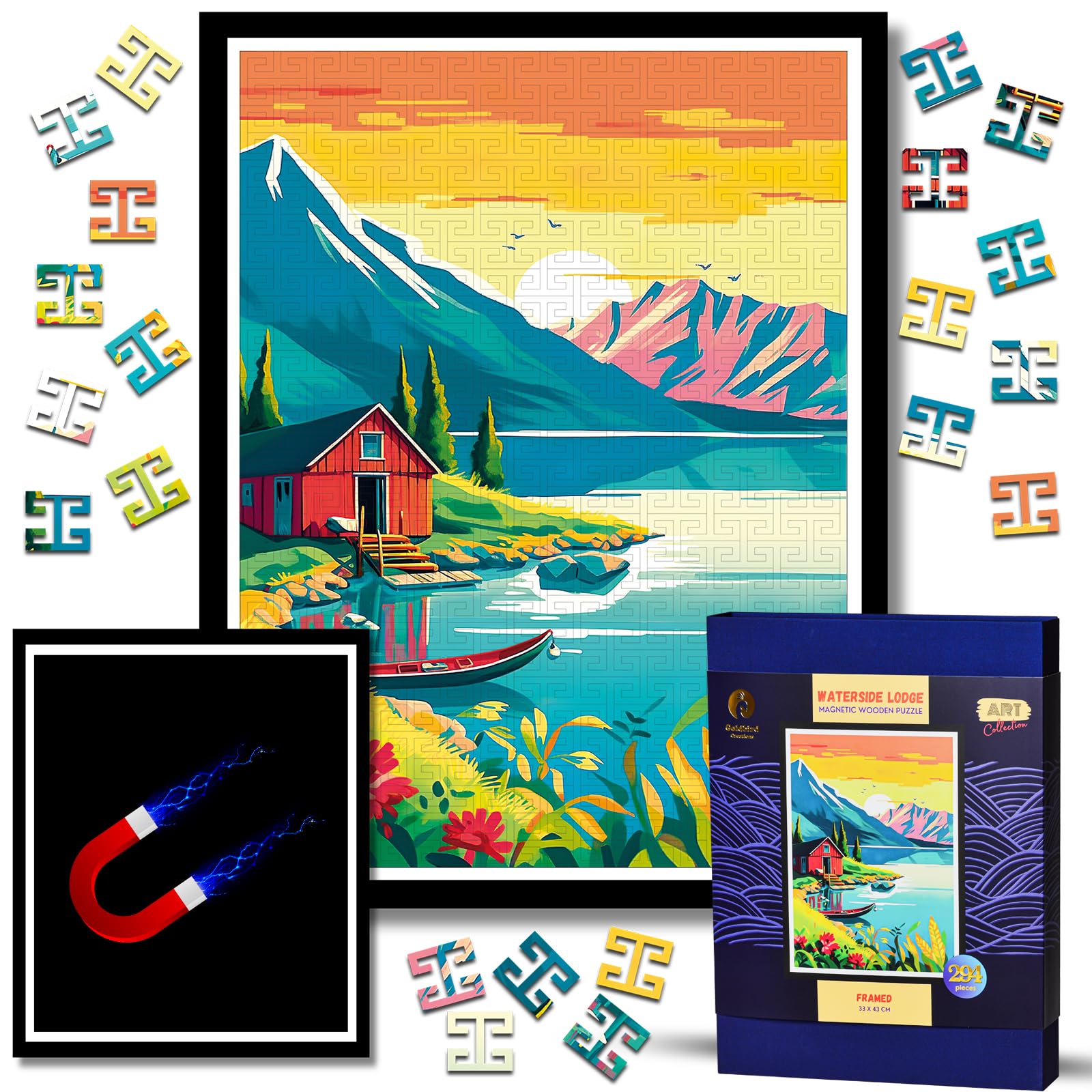 Magnetic Jigsaw Puzzles with Frame for Adults - Original Wooden Jigsaw Puzzle - Rompecabezas para Adultos - Landscape Wall Art Decor - Original Christmas & Birthday Gift (Waterside Lodge)