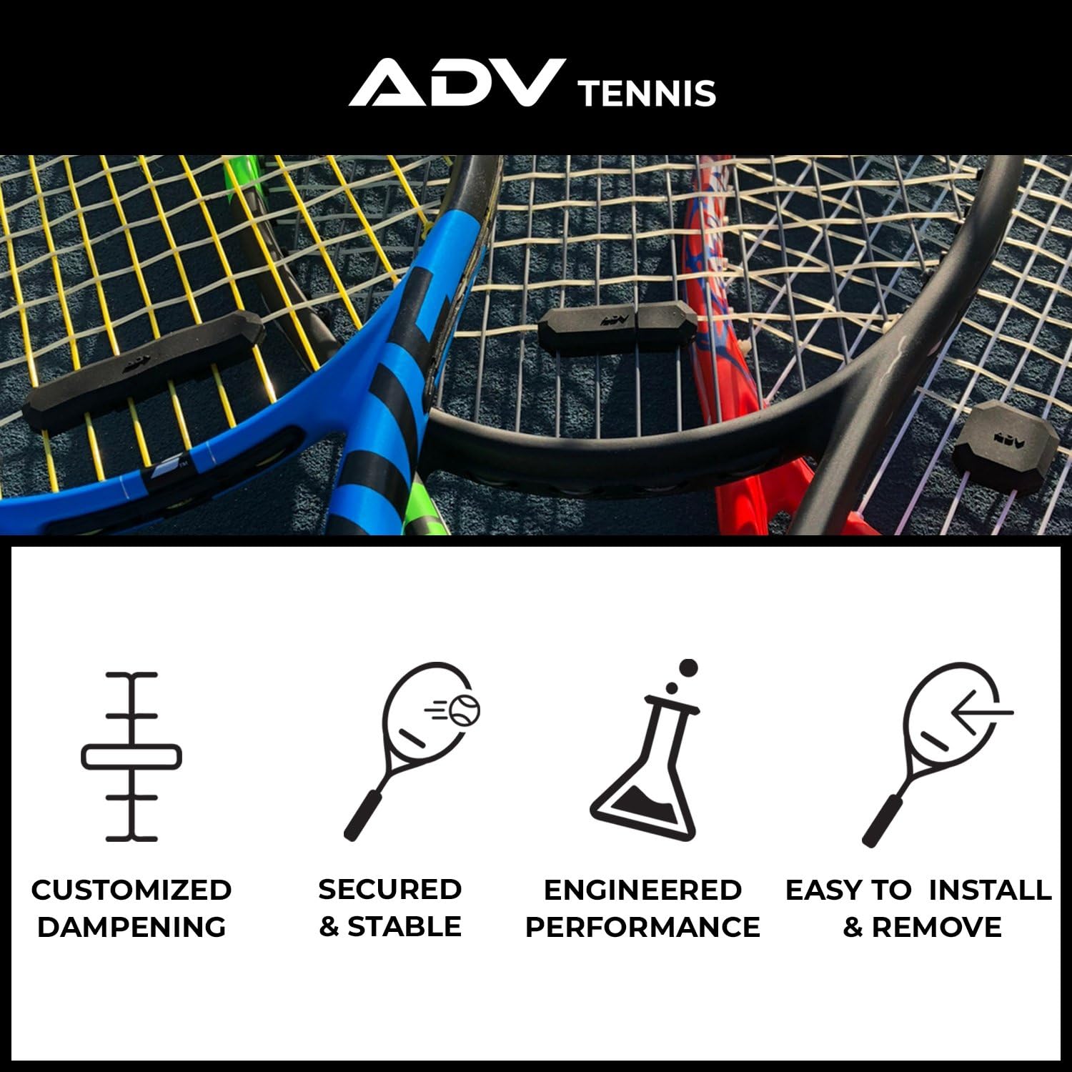 ADV Tennis Vibration Dampener - Set of 3 - Ultimate Shock Absorbers for Racket and Strings - Premium Quality, Durable, and 100% Reliable - Newest Technology (Black) : Sports & Outdoors