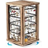 Emfogo 360 Earring Holder Organizer, Rustic Wood Earring Stand, Rotating Wooden Display, 4 Tiers Earring Organizer Stand for Stud Earrings, Hoop Earrings & Necklaces, Women Gifts