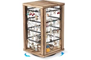 Emfogo 360 Rotating Earring Organizer Stand, Rustic Wood 4-Tier Jewelry Holder for Earrings, Necklace Display, Spinner Rack G
