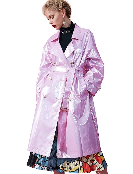 Elf sack Damen Trenchcoat in Lackleder-Optik Revers Zweireihiger Langer Mantel Lackmäntel mit Gürtel