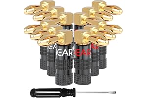 GearIT Right Angle Banana Plugs for Speaker Wire (6 Pairs, 12 Pieces), 90 Degree Pin Plug Type, 24K Gold Plated for Spring Cl