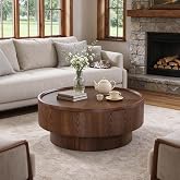 Round Coffee Table with Hidden Storage Compartments, Walnut Veneer | 30.7in Low Profile Circle Wooden Drum Coffee Table with Sturdy Pedestal for Living Room Apartment Small Space,Easy Assembly