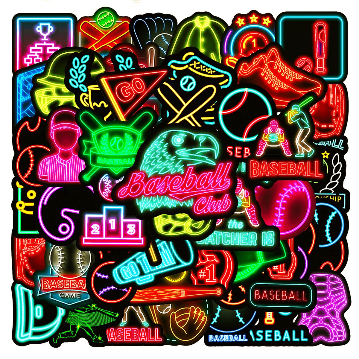 50pcs Neon Baseball Theme Waterproof Vinyl Stickers - Baseball Decor & Party Favors Gifts for Laptop, Water Bottle, Skateboard
