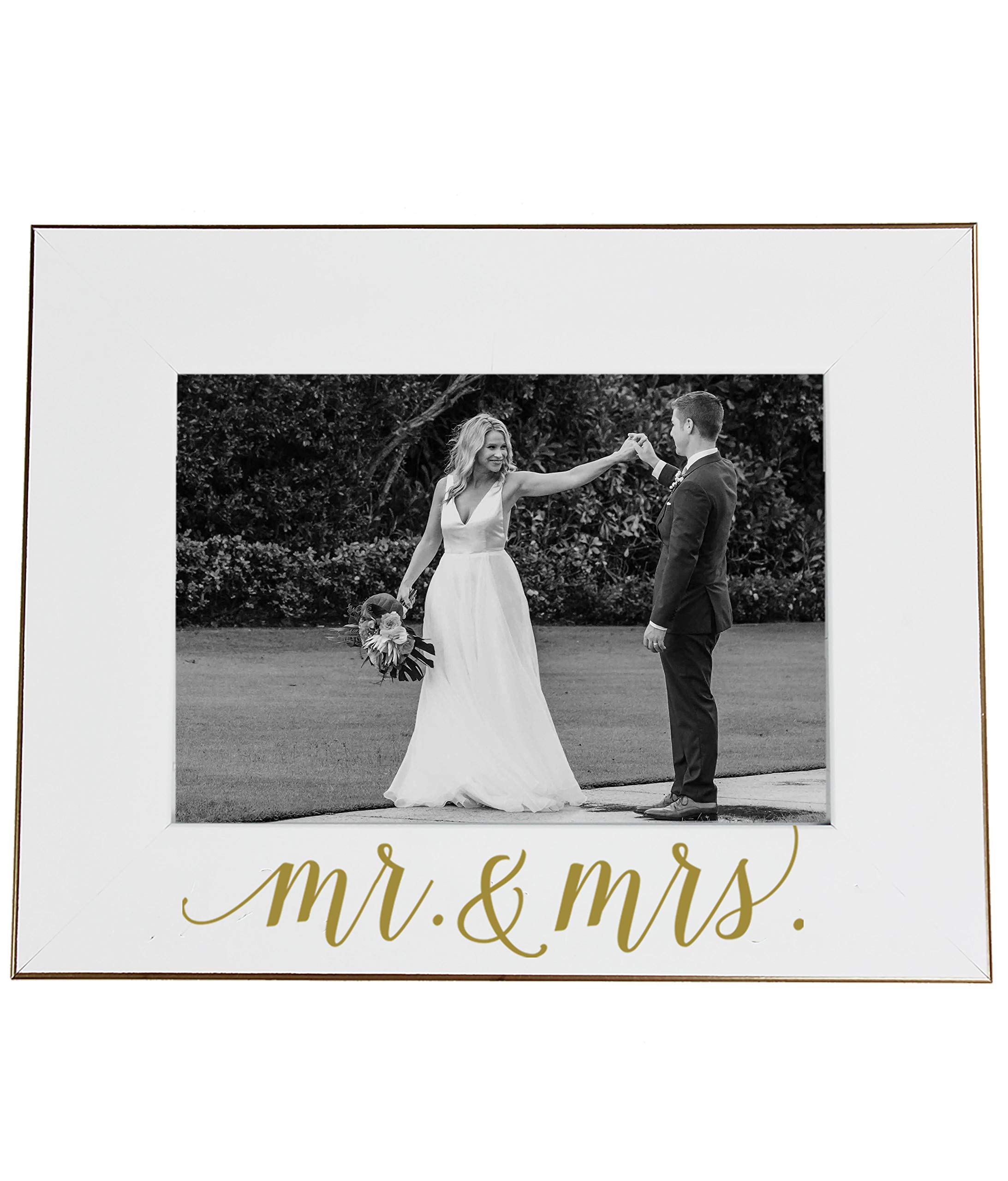Photo 1 of The Paisley Box 5x7 Mr. & Mrs. Frame - Wedding Picture Frame, White with Gold Calligraphy, Holds 5x7 Photo, Easel-Back & Wall Mountable