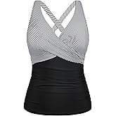 Hilor Women's Underwire Tankini Top Tummy Control Bathing Suits Sexy V Neck Crossover Swim Top Only