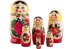 Heka Naturals Semyonov Yellow Nesting Dolls | All Natural Wooden Matryoshka Doll Set of 6 (5 Inch) - Traditional Babushka Home Decor, Wooden Stacking Dolls, Vintage Handmade Shape