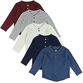 HonestBaby Boys' Baby Toddler & Kid Waffle Henley 100% Organic Long Sleeve Shirts (5-Pack)