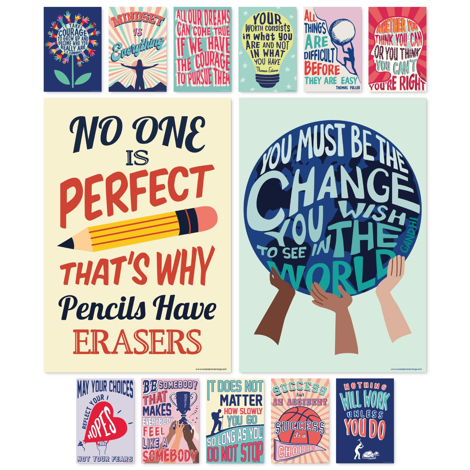 SWEETZER & ORANGE Growth Mindset Posters for Middle and High School Classroom Decorations – Set of 13 Motivational Wall Art Decor, Inspirational Artwork Quotes! 15 x 22” Large Poster Bundle