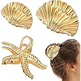 3Pcs Starfish Shell Gold Claw Clips, Metal Seashell Hair Clip, Shell Hair Clip for Women Girls, Strong Hold Decorative Beach Hairs Accessories(Large+Small)