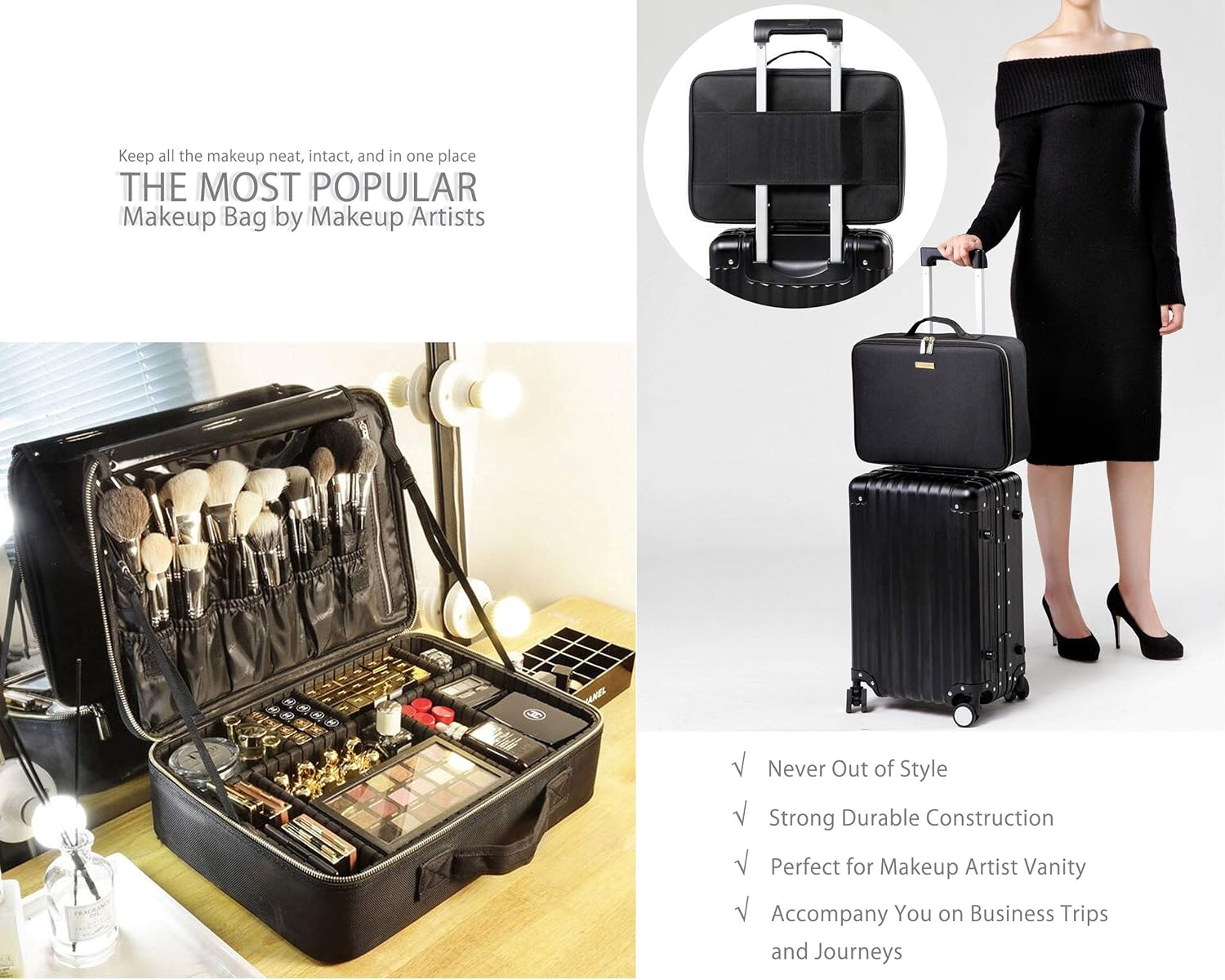 ROWNYEON Travel Makeup Bag Cosmetic Makeup Train Case Artist Makeup Organizer Professional Portable Storage Bag for Women Girl Waterproof EVA Adjustable Dividers 16.1" Large Black : Beauty