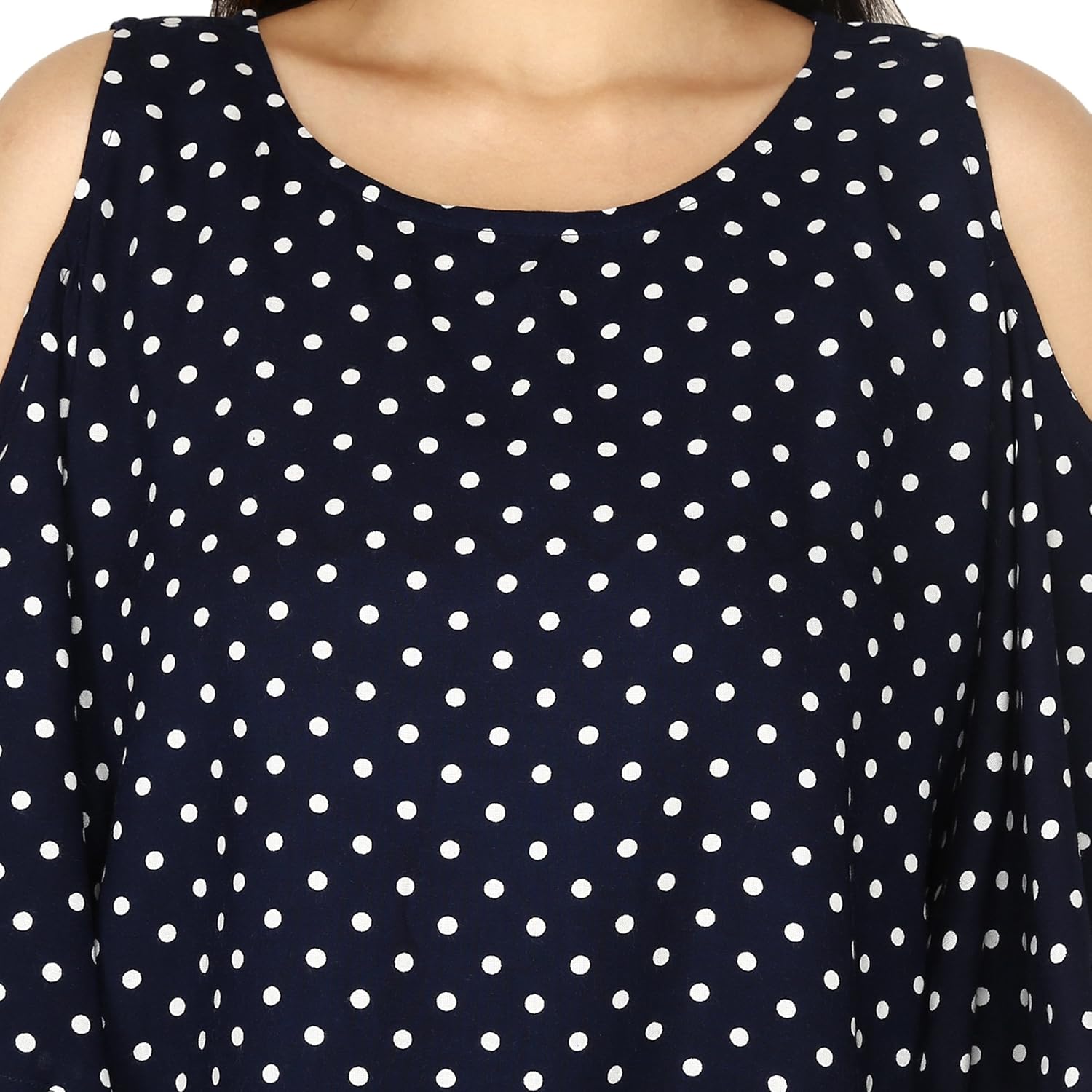 amayra women's navy blue printed cold shoulder long sleeves polka dotes top