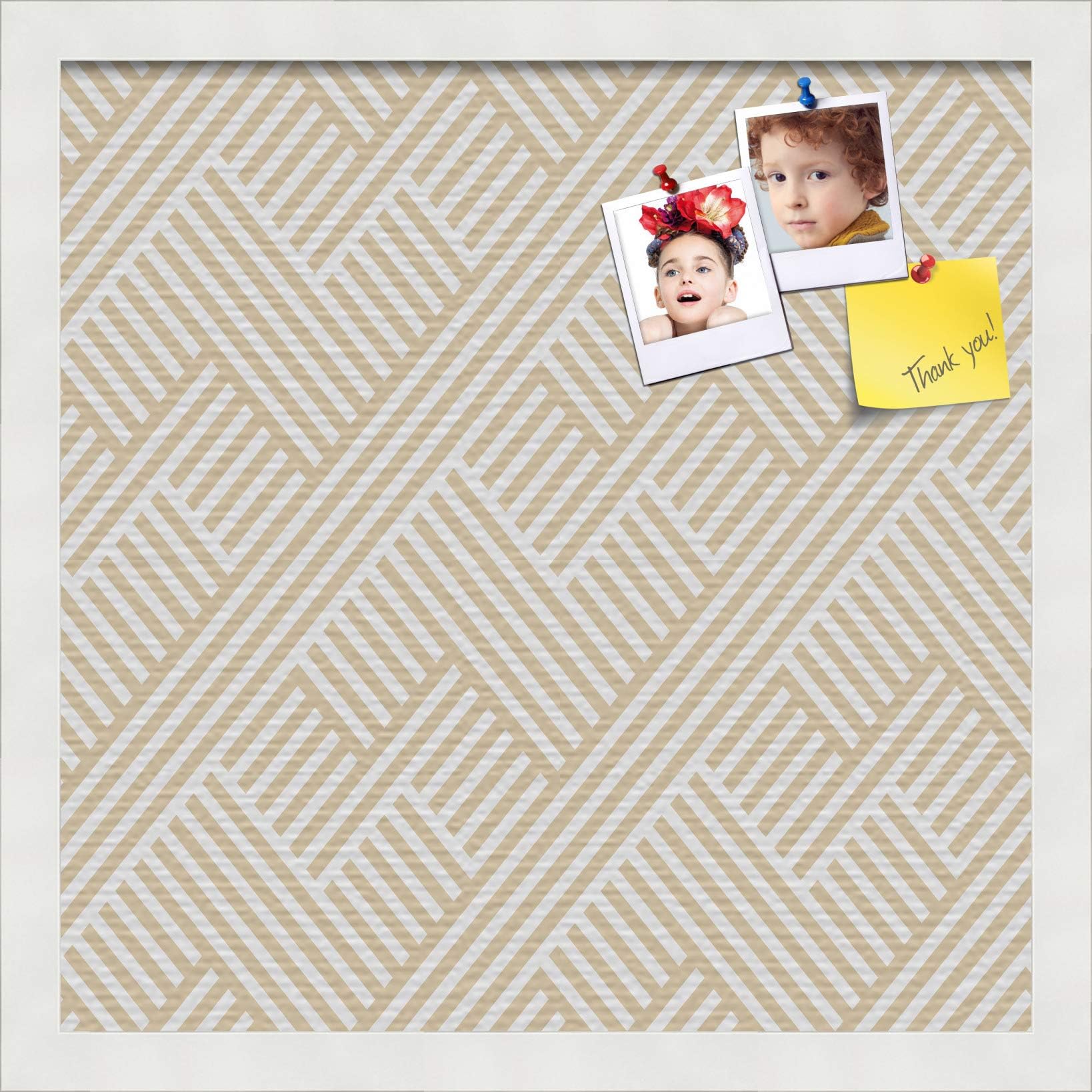 PinPix pin Cork Bulletin Board Made from Canvas, Modeco Zig Zag Beige 16x16 Inches (Completed Size) and Framed in Satin White Frame (PinPix-1534-16x16_FRBW26074)