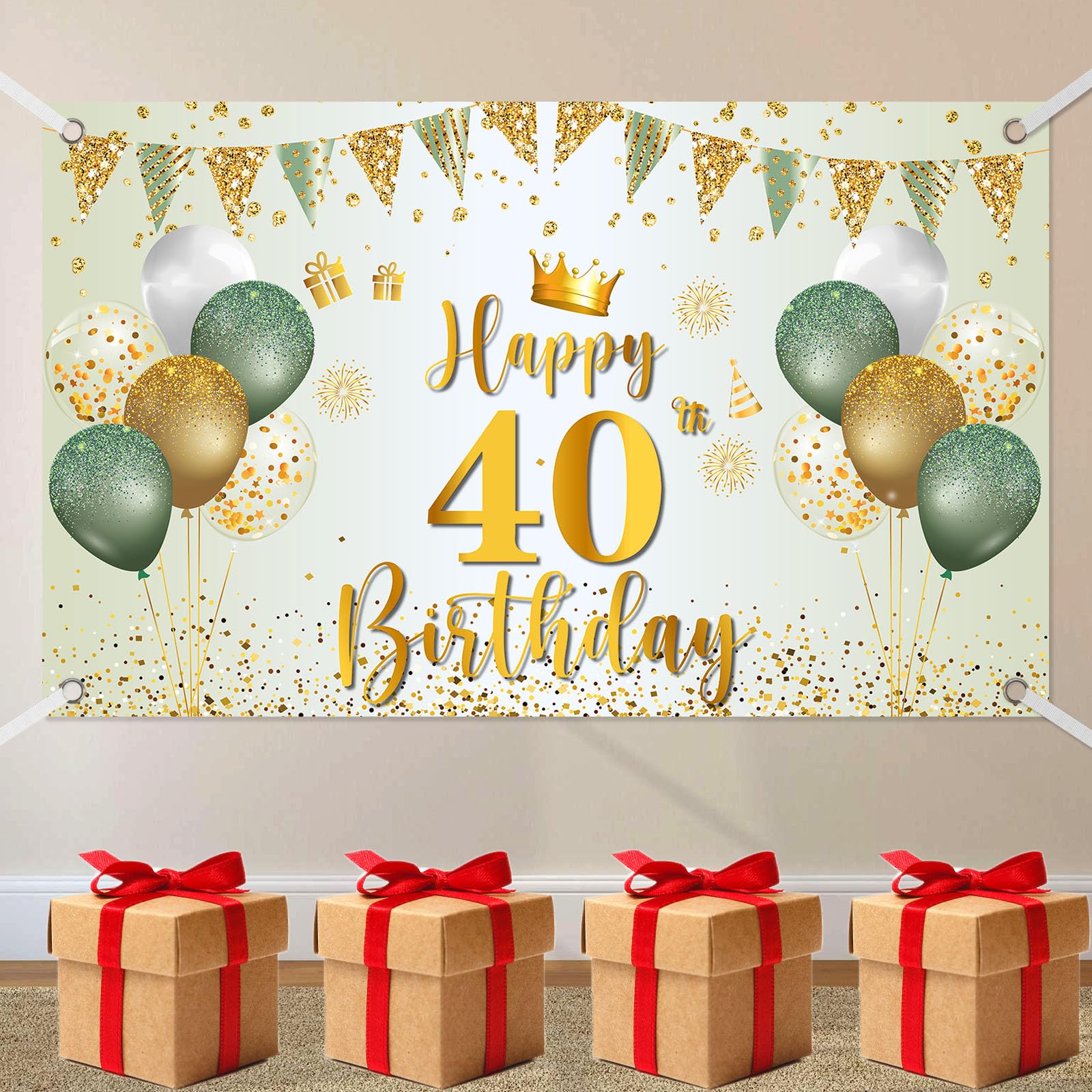 40th Birthday Banner, Happy 40th Birthday Banner Green Gold, 40 Banner Decorations for Women Men 40 Party Decoration 180cmx110cm