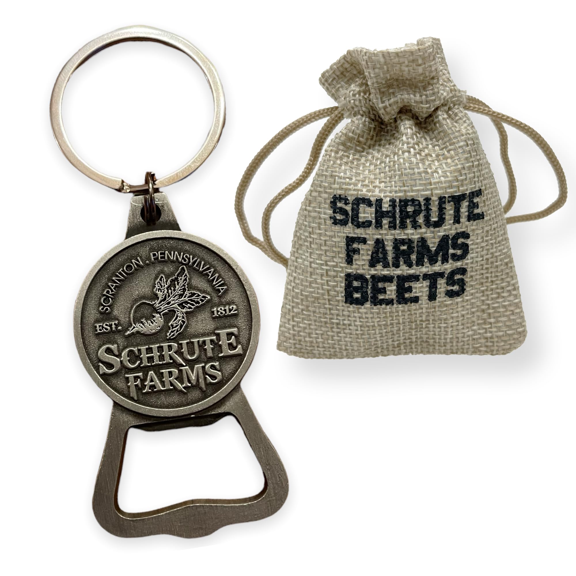Metal Schrute Farms Bottle Opener Keychain with Schrute Farms Printed Gift Bag | The US Office TV Show Gift | Dwight Schrute | Unofficial Merchandise