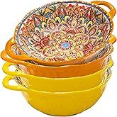 XKXKKE 4 Pack Boho Ceramic Serving Bowls with Handles, 40 Oz Porcelain Salad Bowls, Large Serving Dishes for Entertaining, Mixing Bowls for Soup, Stew, Pasta, Cereal, Colorful Embossed Cute Bowls Set