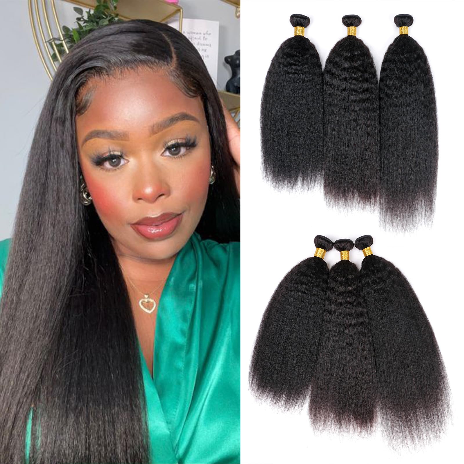 Huarisi Yaki Straight Bundles Human Hair 14 16 18 Inch Kinky Straight Weaves Hair Extensions for Black Women Natural Color Brazilian Virgin Hair Double Weft 300g a Lot — image 1