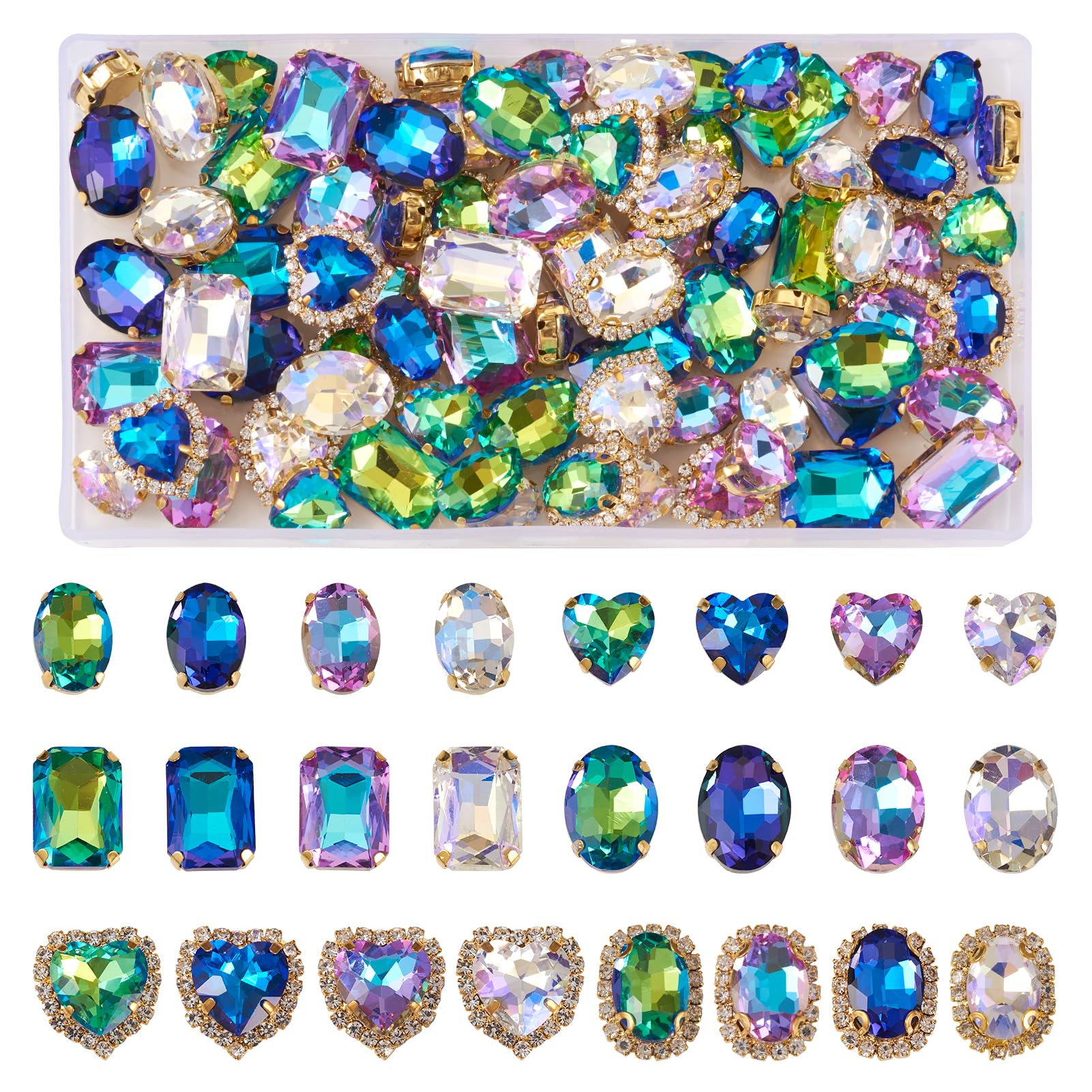 PandaHall 80pcs Glass Sew on Rhinestones Flatback Claw Rhinestone Heart Oval Rectangle Gems for DIY Dress Clothes Shoes Bag Decorations