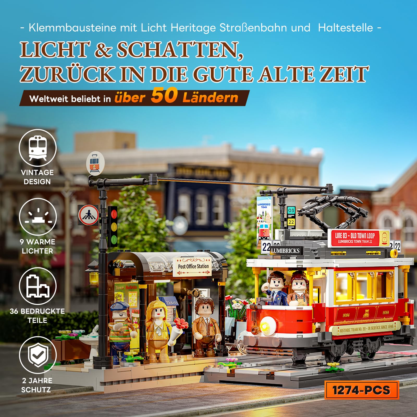 Lumibricks Heritage-Straßenbahn und -Haltestelle Bausatz mit Licht, Vintage-Dekor,kompatibel mit Modular Buildings,1274Pcs,Alter 16+, L9084 2