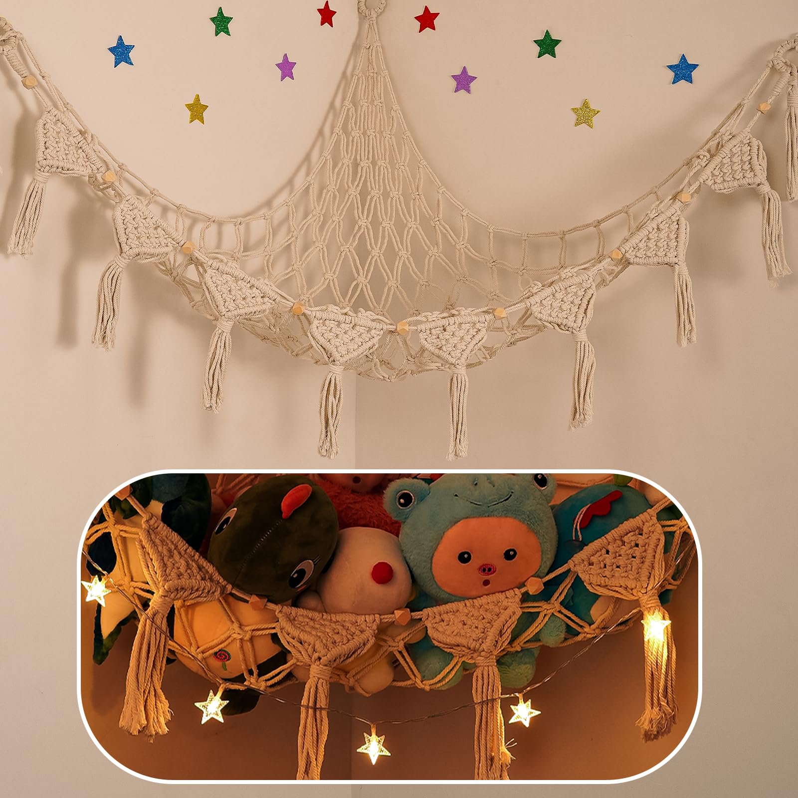 Photo 1 of **DIFFERENT COLOR**
iHansee Stuffed Animals Net w/LED Star Light, 56 Inch Jumbo Toy Hammock Hanging Storage Organizer Holder Nursery Décor for Teddy Plushie, Cream Stuffed Animals Hammock Corner for Kid Girls Boys Gift