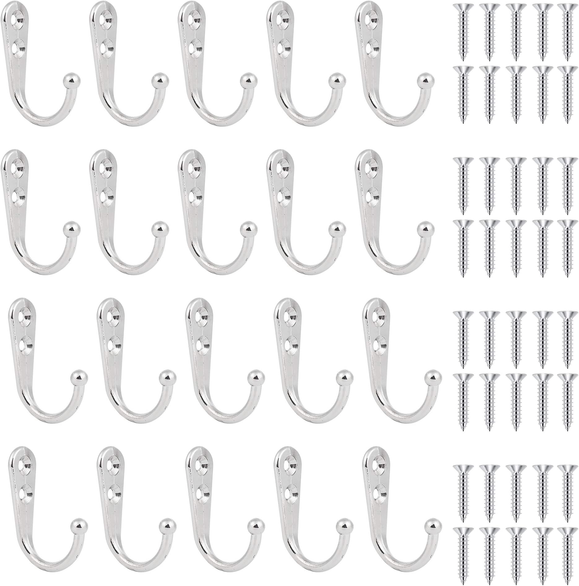 Maosifang 20 Pieces Wall Mounted Hooks Single Robe Hooks Coat Hanger with 40 Pieces Screws,Silver