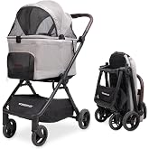 WonderFold Bella Pet Stroller for Small and Medium Pets, Light Gray | Autofold Pet Stroller with a Breathable Carriage Fabrics and Canopy, Safety Tethers &amp; Easy-Clean Interior