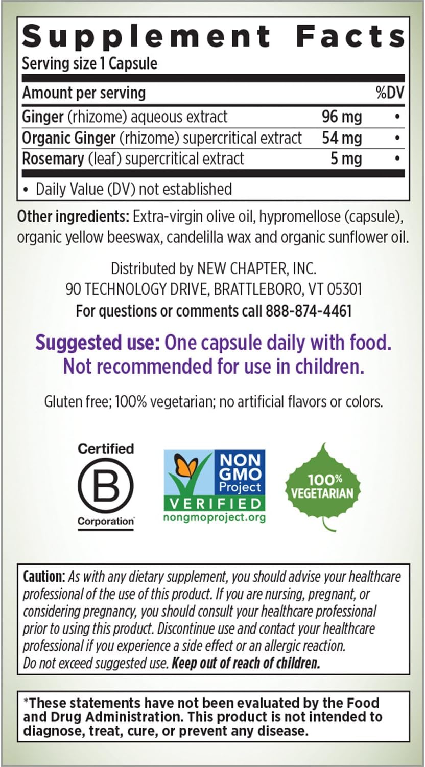 New Chapter Ginger Supplement - Ginger Force with Supercritical Organic Ginger + Non-GMO Ingredients - 60 ct Vegetarian Capsules: Health & Personal Care