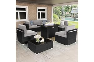 Vakollia 8 Pieces Patio Furniture Set with 44" Propane Gas Fire Pit Table, Outdoor Sectional Wicker Conversation Sofa Sets with Coffee Table