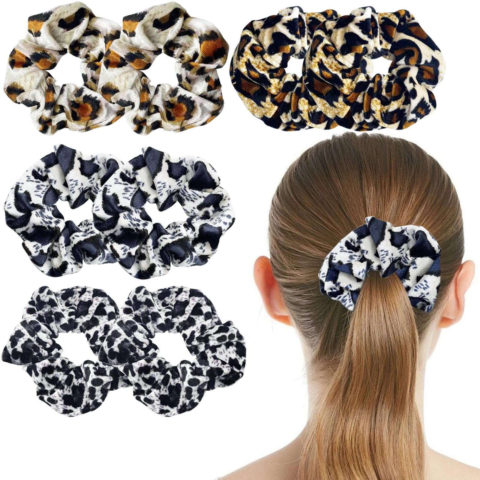 8PCS Velvet Hair Scrunchies for Women, Soft Scrunchie Strong Elastic Hair Bands Leopard Print Hair Rope Hair Tie Bobbles Ponytail Holder Hair Accessories for Women Girls