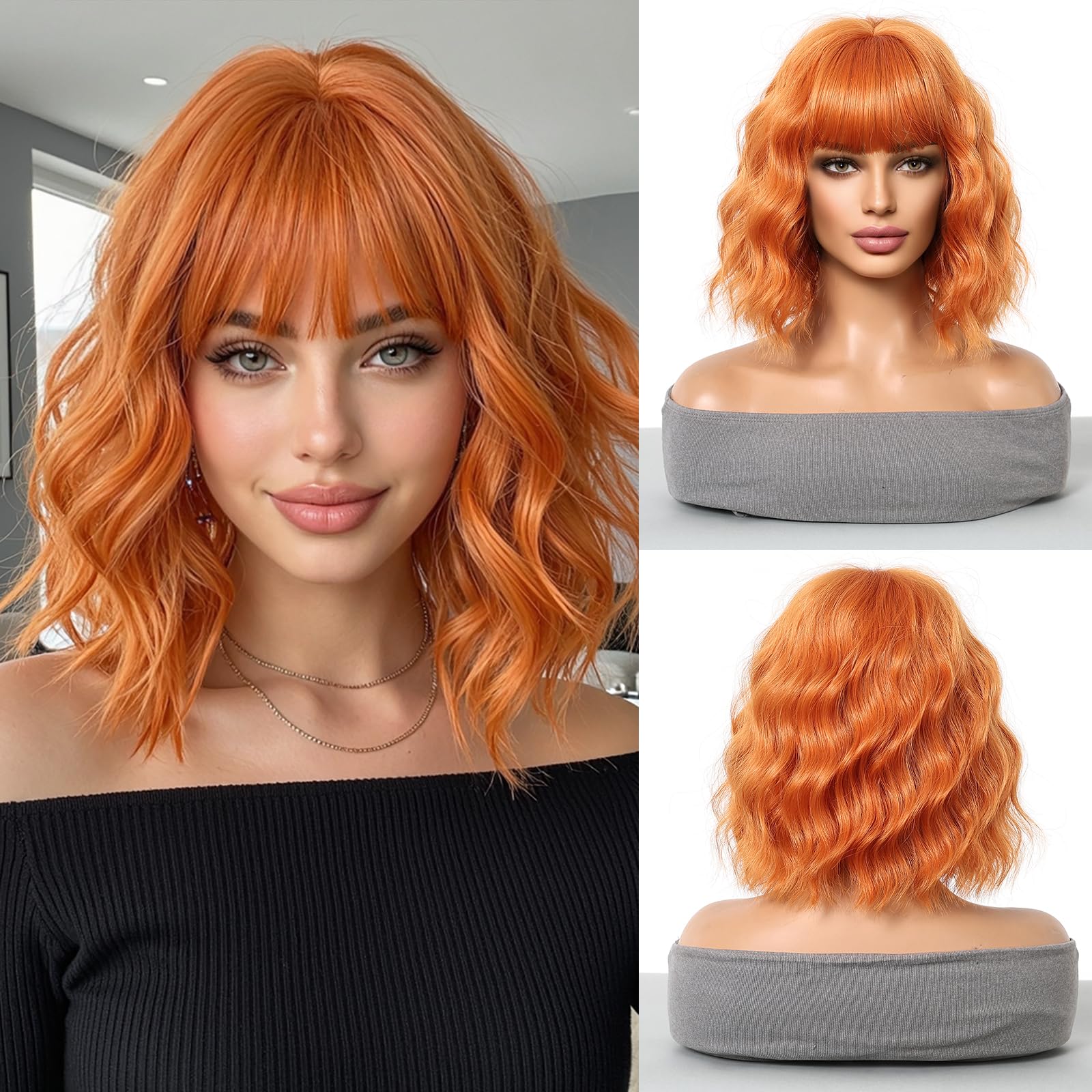 Esmee Short Wave Ginger Orange Bob Wigs With Fringe Shoulder Length Wig Synthetic Cosplay Wigs for Women — image 1