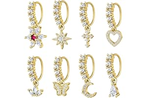 6ixGosh Dangle Nose Rings Hoop for Women Septum Nose Piercing Jewelry Cartilage Earring CZ Flower Leaf Star Butterfly Daith Tragus Helix Lip Piercing, Silver Gold Rose Gold