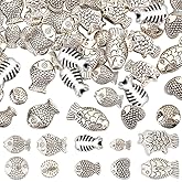 SUNNYCLUE 1 Box 100Pcs 10 Styles Silver Fish Beads Fishes Beads Metal Alloy Tibetan Antique Ocean Summer Animal Spacer Beads for Jewelry Making Supplies DIY Crafting Necklace Bracelet Anklets Adults