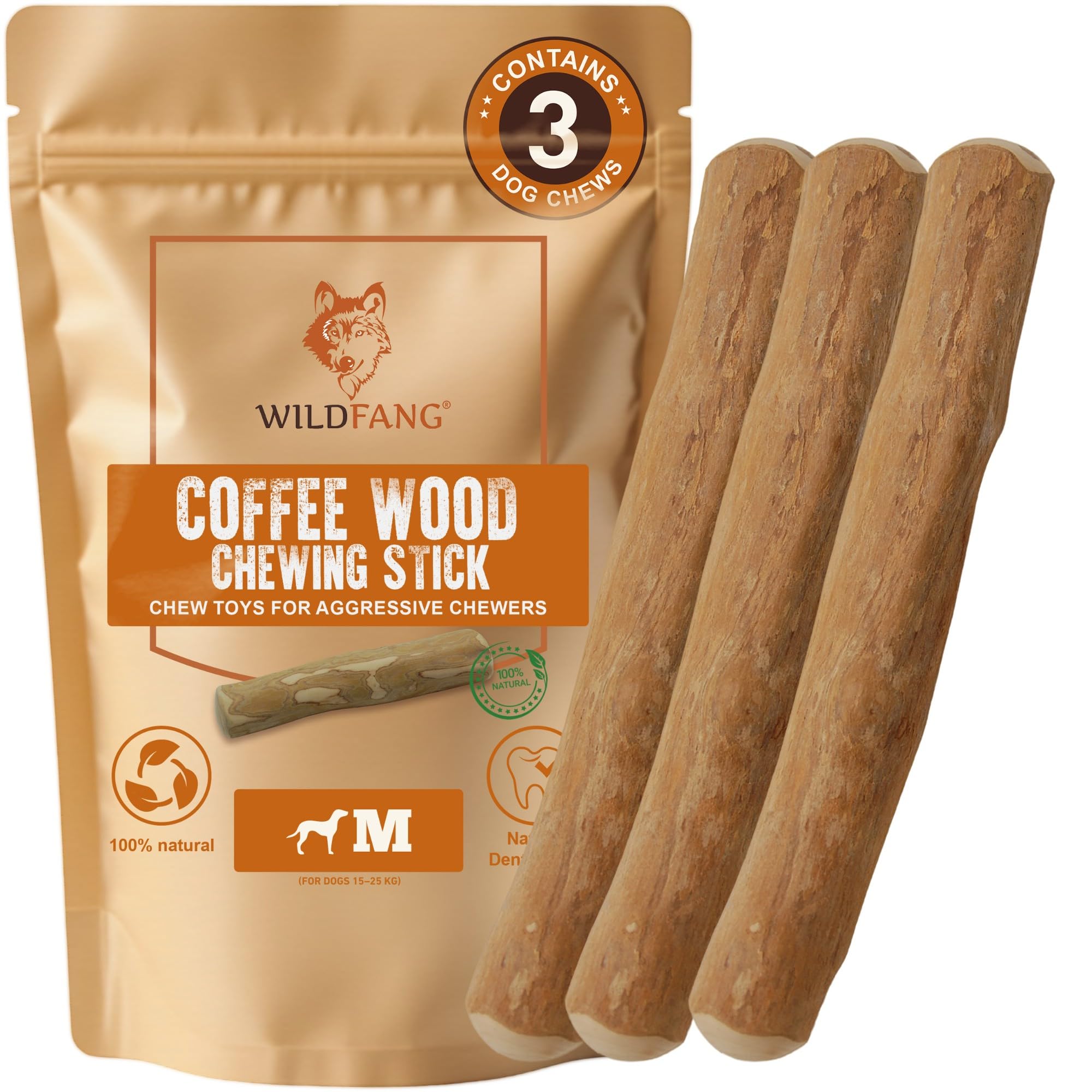 Wildfang® Coffee Wood Dog Chew Medium - Durable Dog Toys for Aggressive Chewers, Dental Stick for Teething Puppy, Training for Chewing Muscles, Coffee Tree Sticks for Medium Dogs (15-25kg), Pack of 3