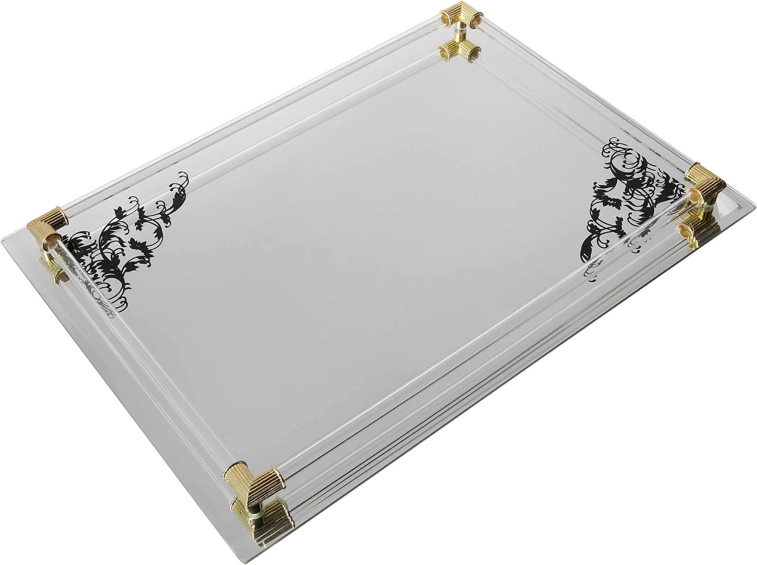 American Atelier Mirror Vanity Tray with Black Scroll Design and Gold Accents, 14 by 10-Inch